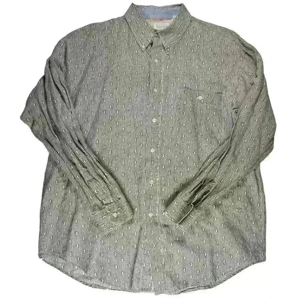 VINTAGE BUGLE BOY 80s Long Sleeve Button Up Blue Green Paisley Pattern Men XL